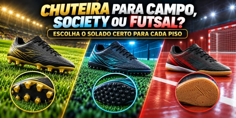 Comparação de chuteiras para campo, society e futsal com diferentes tipos de solado