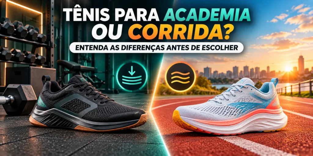 Comparação entre tênis para academia e corrida com diferenças de estabilidade e amortecimento